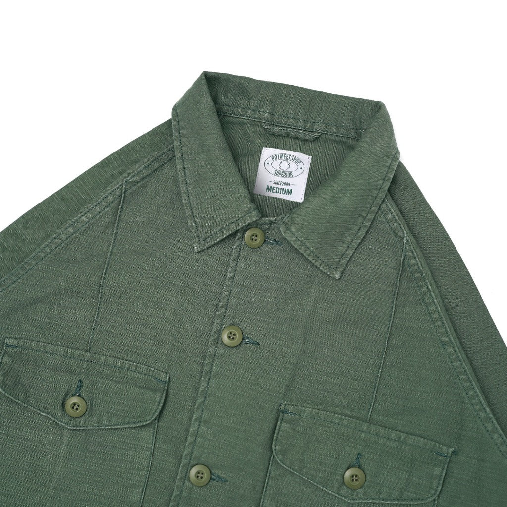 Pot Meets Pop Kemeja - Fatty Fatigue Shirt Back Satin Pleated Washed Olive Green Fw25 - Shirt
