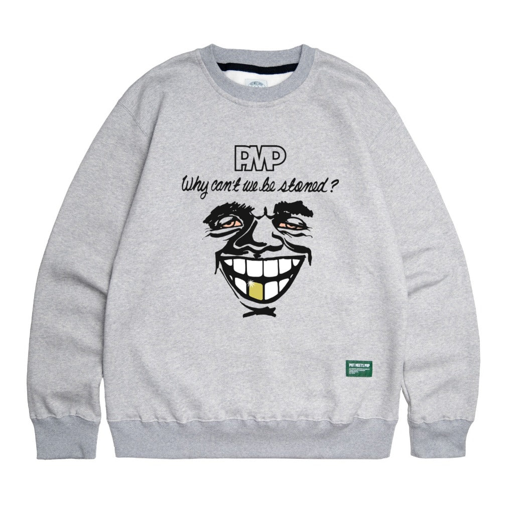 Pot Meets Pop Tshirt - Why Can't We Be Stoned Crewncek Heather Grey Ss24