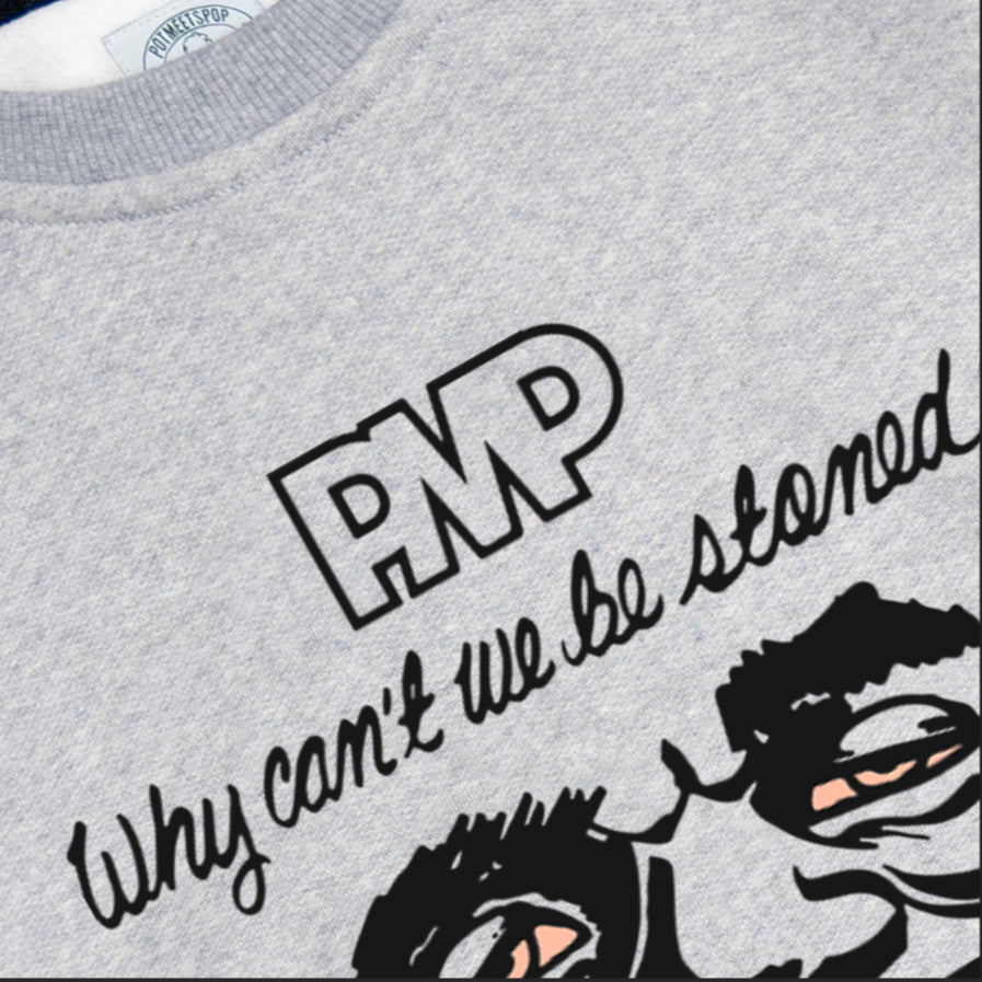 Pot Meets Pop Tshirt - Why Can't We Be Stoned Crewncek Heather Grey Ss24