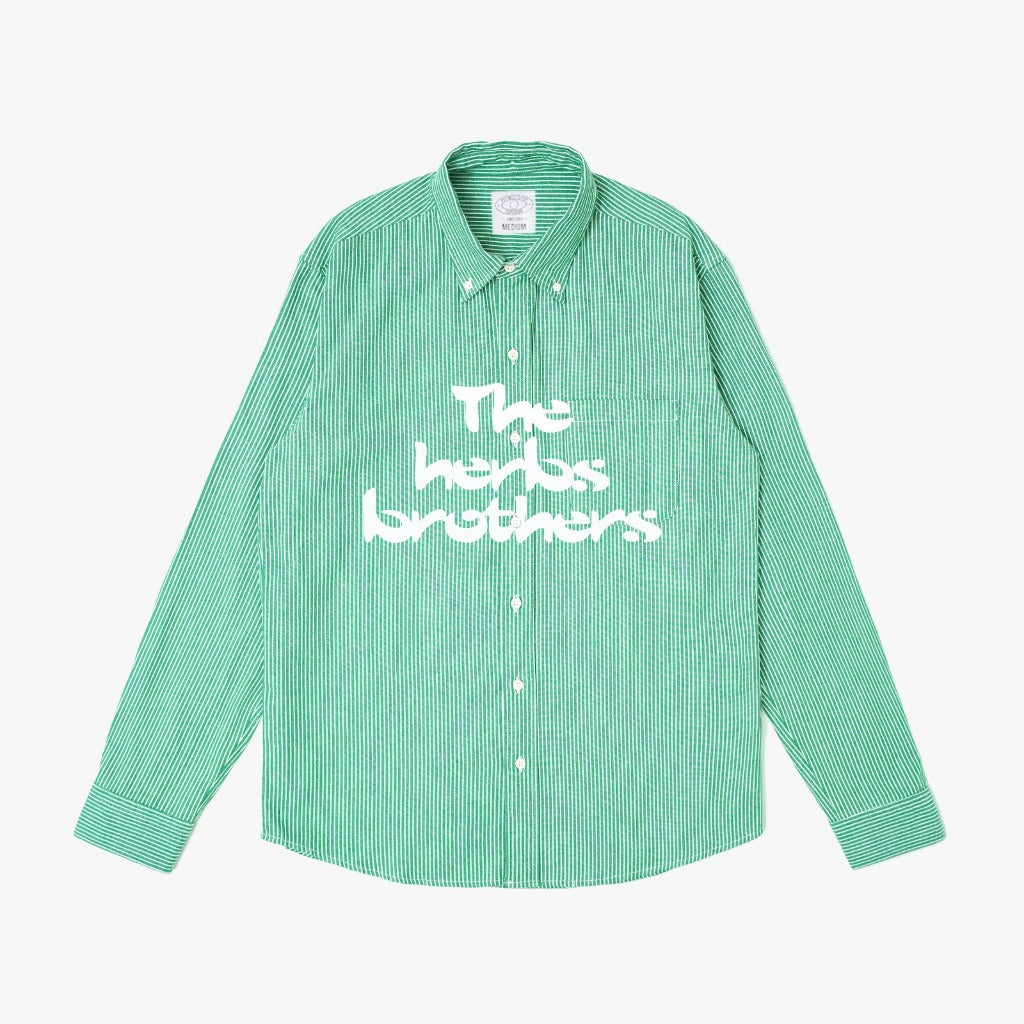 Pot Meets Pop Kemeja - Doobie Light Hickory Stripe Button Down Shirt Green Fw25 - Shirt