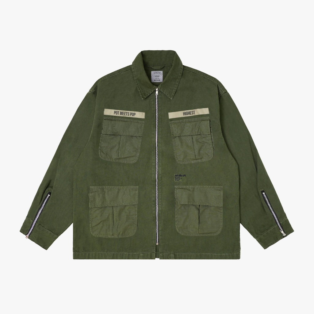 Pot Meets Pop Jaket - Oz Army Slanted Pocket Zip Up Washed Olive Fw25 - Jungle Jacket
